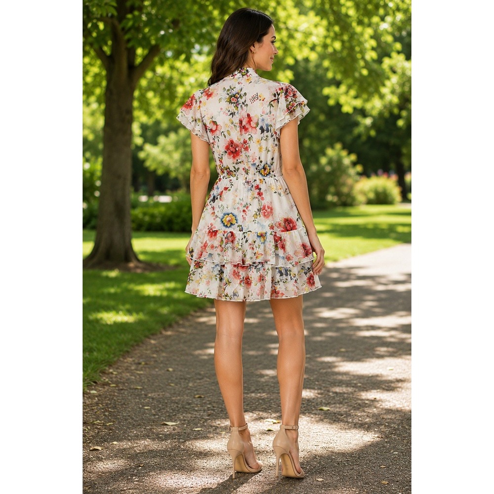 Alice + Olivia Floral Ruffle Dress Women's M White Multicolor Short Sleeve - Picture 2 of 12